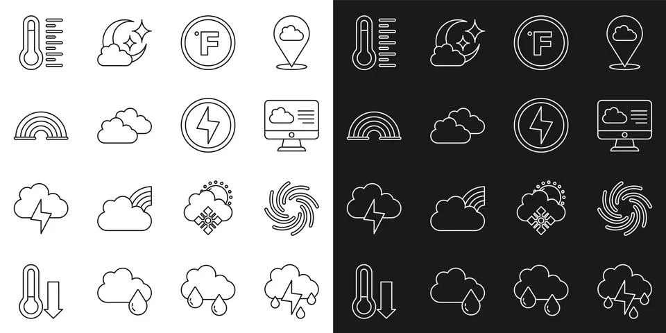 Set line Cloud with rain and lightning, Tornado, Weather forecast, Fahrenheit Stock Illustration