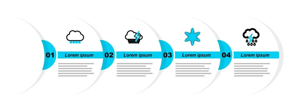 Set line Cloud with rain and lightning, Snowflake, and snow icon. Vector Illustrazione stock