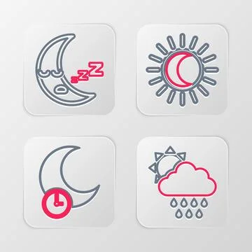 Set line Cloud with rain and sun, Sleeping moon, Eclipse of the and Moon icon Ilustração Stock