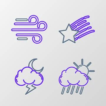 Set line Cloud with rain and sun, Storm, Falling star and Wind icon. Vector Stock Illustration
