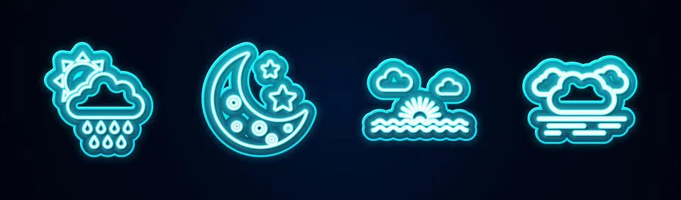 Set line Cloud with rain and sun, Moon stars, Sunset and . Glowing neon icon 스톡 일러스트