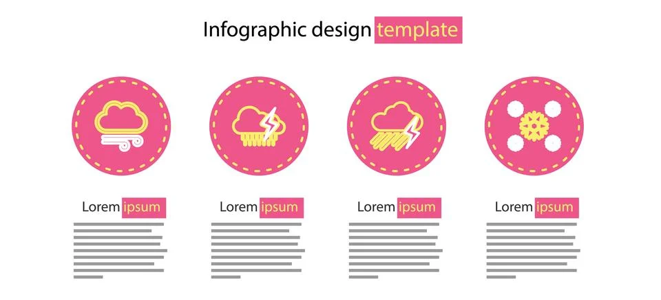 Set line Cloud with rain and lightning, Snow, and Windy weather icon. Vector Stock Illustration