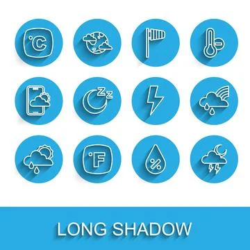 Set line Cloud with rain and sun, Fahrenheit, Celsius, Water drop percentage 스톡 일러스트