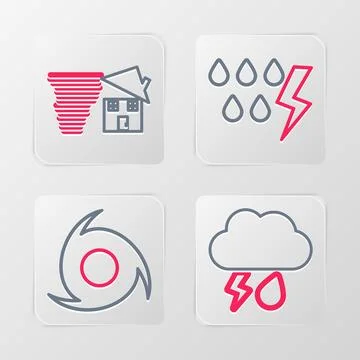 Set line Cloud with rain and lightning, Tornado, Storm and swirl icon. Vector Illustrazione stock