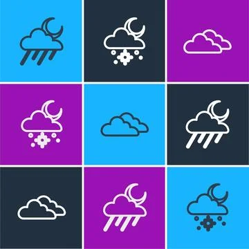Set line Cloud with rain and moon, and snow sun icon. Vector Stock Illustration