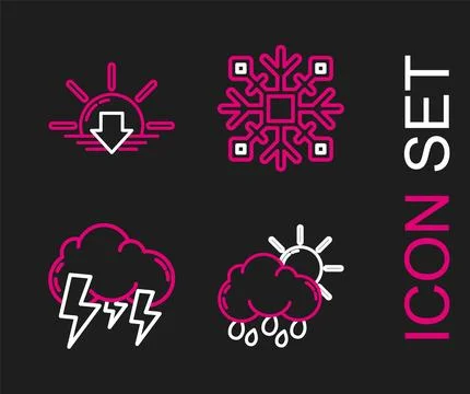 Set line Cloud with rain and sun, Storm, Snowflake and Sunset icon. Vector Illustrazione stock