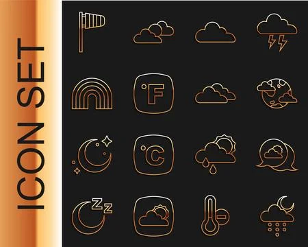 Set line Cloud with rain and moon, Location cloud, Earth planet clouds, Fah.. Ilustração Stock