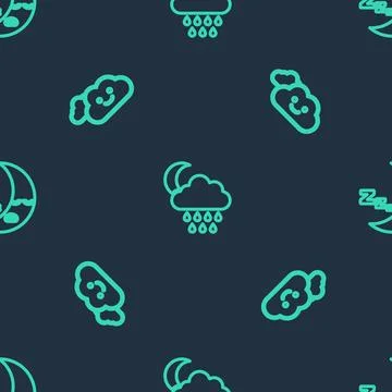 Set line Cloud with rain and moon,  and Moon icon on seamless pattern. Vector Stock Illustration