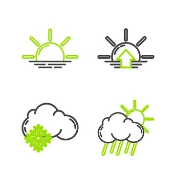 Set line Cloud with rain and sun, snow, Sunrise and  icon. Vector イラスト素材