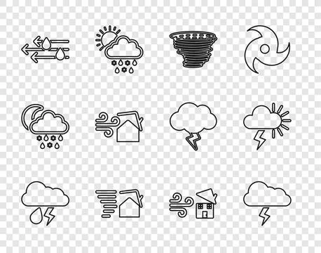 Set line Cloud with rain and lightning, Storm, Tornado, swirl, Wind,  and  .. Stock Illustration