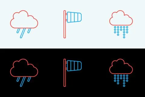 Set line Cloud with rain,  and Cone windsock wind vane icon. Vector Stock Illustration