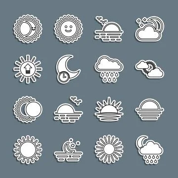 Set line Cloud with rain and moon, Sunset, cloud weather, Sleeping, Eclipse.. 스톡 일러스트