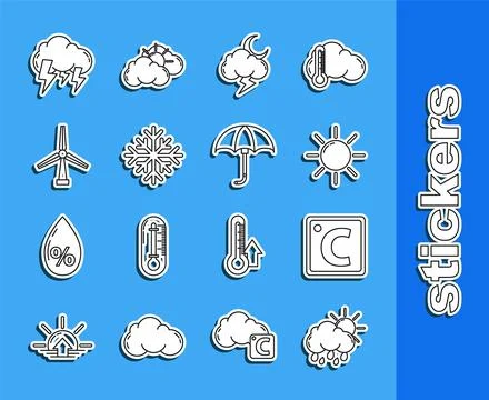 Set line Cloud with rain and sun, Celsius, Sun, Storm, Snowflake, Wind turb.. Stock Illustration