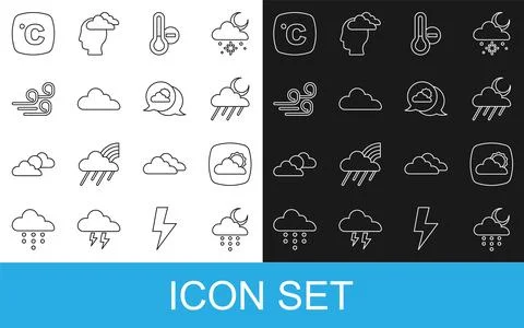 Set line Cloud with rain and moon, Weather forecast, Meteorology thermomete.. Ilustração Stock
