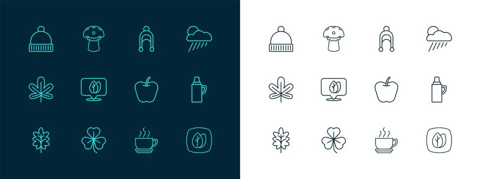 Set line Cloud with rain and sun, Clover, Apple, Coffee cup, Location leaf,.. Stock Illustration