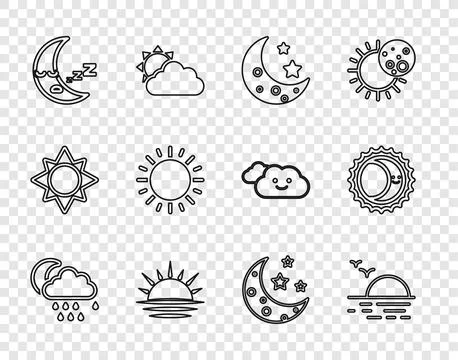 Set line Cloud with rain and moon, Sunset, Moon stars, icon,  and Eclipse o.. Stockillustratie