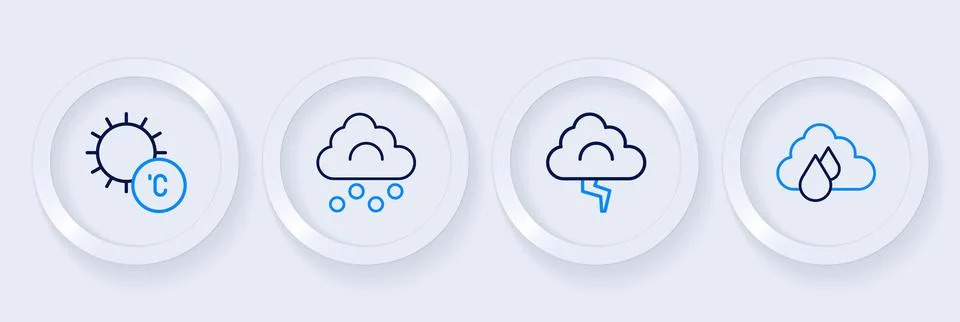 Set line Cloud with rain, and lightning, Hail cloud and Sun icon. Vector Illustrazione stock