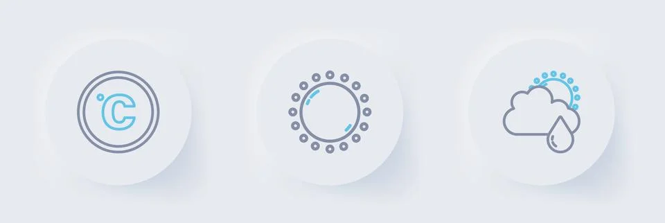 Set line Cloud with rain and sun, Sun and Celsius icon. Vector Stock Illustration