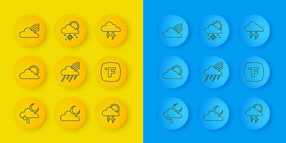 Set line Cloud with rain and moon, Sun cloud weather, Rainbow, Storm, Fahre.. Stock Illustration