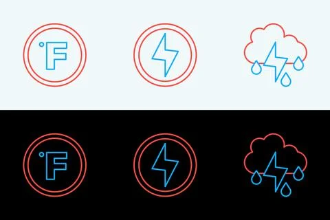 Set line Cloud with rain and lightning, Fahrenheit and Lightning bolt icon... Stock Illustration