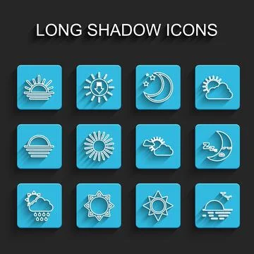 Set line Cloud with rain and sun, Sun, Sunset, Moon icon and cloud weather .. Stock Illustration