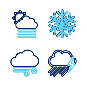 Set line Cloud with rain and lightning, Windy weather, Snowflake and Fog cl.. Stock Illustration