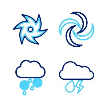 Set line Cloud with rain and lightning, snow, Tornado and  icon. Vector Stockillustratie