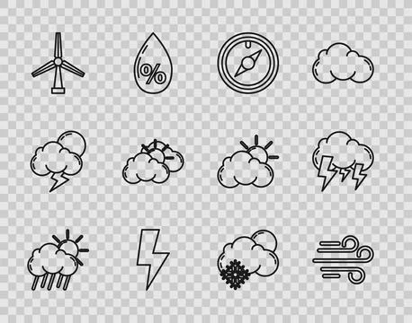 Set line Cloud with rain and sun, Wind, rose, Lightning bolt, turbine, Sun .. Stock Illustration