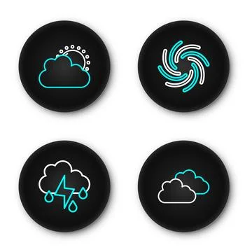 Set line Cloud, with rain and lightning, Tornado and Sun cloud weather icon.. Stock Illustration
