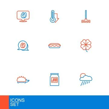 Set line Cloud with rain and sun, Jam jar, Hedgehog, Four leaf clover, Leaf.. Stock Illustration