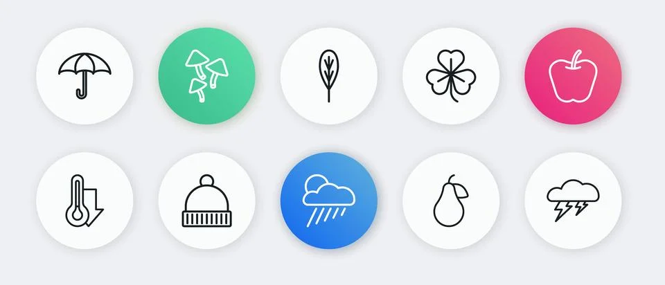 Set line Cloud with rain and sun, Apple, Thermometer, Pear, Clover, Leaf, l.. Stock Illustration