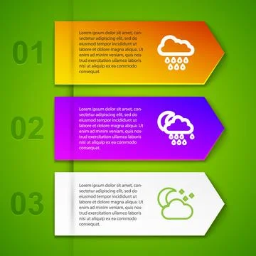 Set line Cloud with rain, and moon, stars and Sunset. Business infographic te Stock-Illustration
