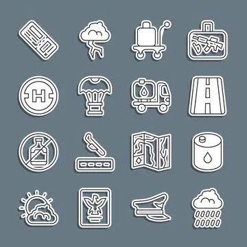Set line Cloud with rain, Barrel oil, Airport runway, Trolley baggage, Box Illustration