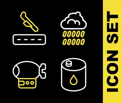 Set line Cloud with rain, Barrel oil, Airship and Plane landing icon. Vector Illustrazione stock