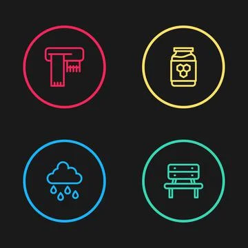 Set line Cloud with rain, Bench, Jar of honey and Winter scarf icon. Vector Ilustração Stock