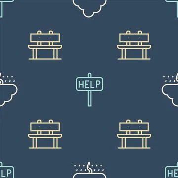 Set line Cloud with rain, Bench and Ask for help text on seamless pattern イラスト素材