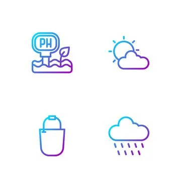 Set line Cloud with rain, Bucket, Soil ph testing and Sun and cloud weather Stock Illustration