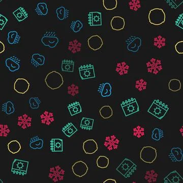 Set line Cloud with rain, Calendar and sun, Moon and Snowflake on seamless 스톡 일러스트