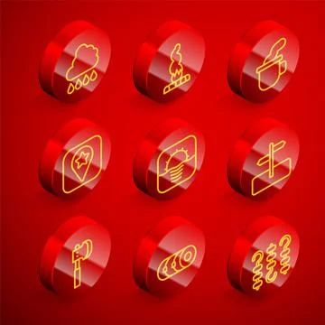 Set line Cloud with rain, Campfire, Cup of tea, Location for camping, Sunrise Stock Illustration