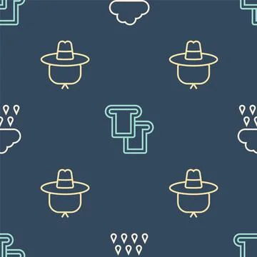 Set line Cloud with rain, Camping hat and Bread toast on seamless pattern 스톡 일러스트