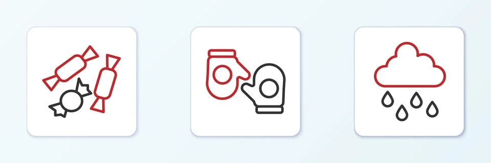 Set line Cloud with rain, Candy and Christmas mitten icon. Vector 스톡 일러스트