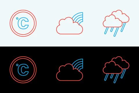 Set line Cloud with rain, Celsius and Rainbow clouds icon. Vector Stock Illustration