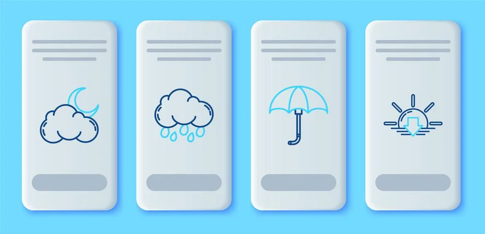 Set line Cloud with rain, Classic elegant opened umbrella, moon and stars and Illustrazione stock