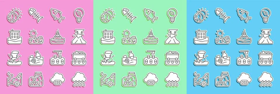 Set line Cloud with rain, Coal train wagon, Volcano eruption lava, Dead fish Illustrazione stock