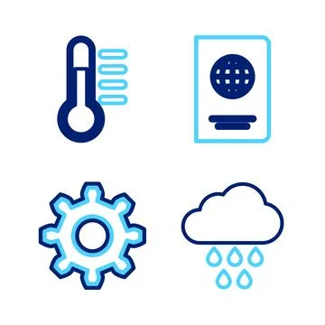 Set line Cloud with rain, Cogwheel gear settings, Passport and Thermometer .. 스톡 일러스트