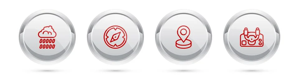 Set line Cloud with rain, Compass, Location and Aircraft steering helm. Silver Illustrazione stock