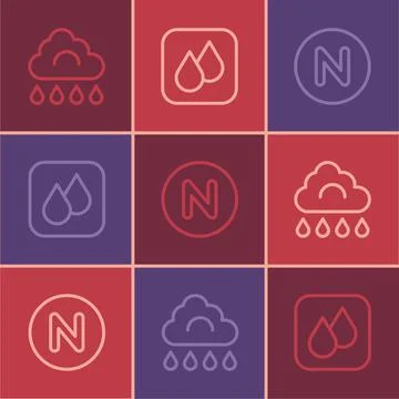 Set line Cloud with rain, Compass north and Water drop icon. Vector Stock Illustration