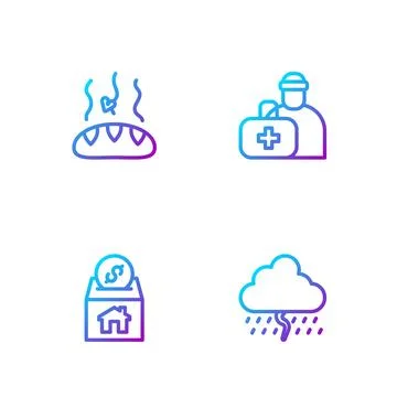 Set line Cloud with rain, Donation and charity, food and First aid kit. Gra.. Stock-Illustration