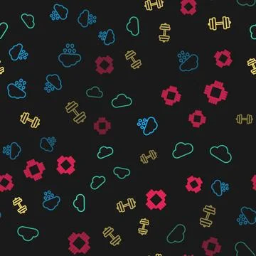 Set line Cloud with rain, , Dumbbell and Processor CPU on seamless pattern Stock Illustration