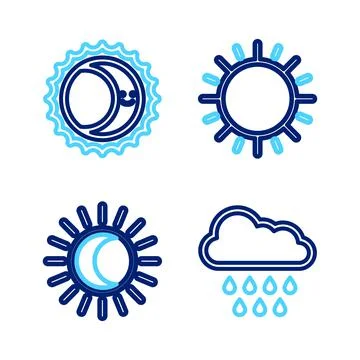 Set line Cloud with rain, Eclipse of the sun, Sun and icon. Vector 스톡 일러스트